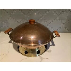 Vintage Copper Aluminum & Brass Serving Dish on Trivet Holder 12”x4”